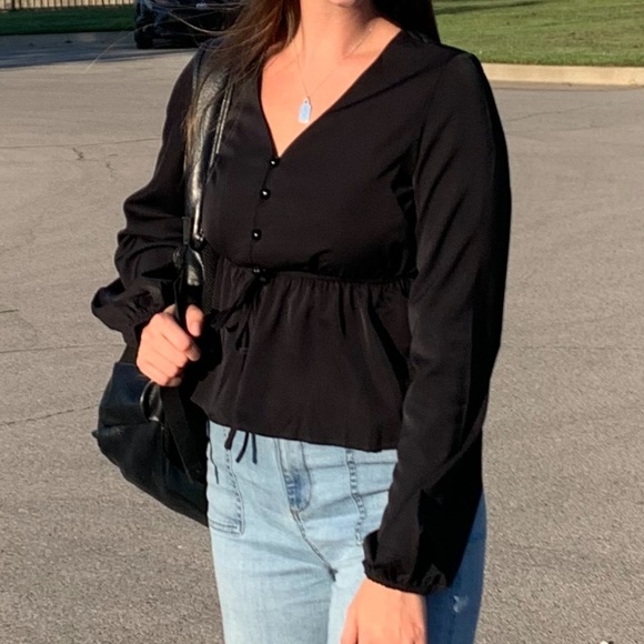 SHEIN Tops - SHEIN black top with tie and button on neckline with bell sleeves